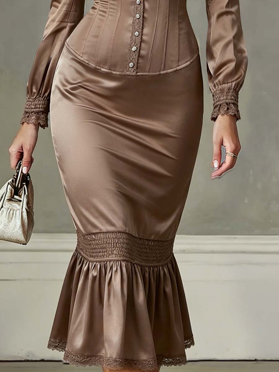 Anna-Berg | Vintage Ruffled Hem Lace-Trimmed Polyester Dress