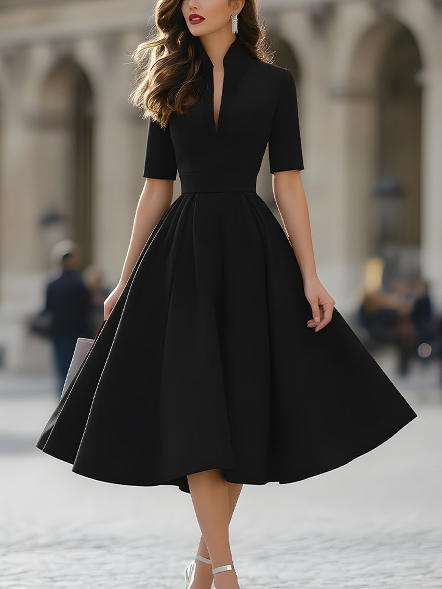 Anna-Berg | Elegant V-Neck Tailored A-Line Midi Dress