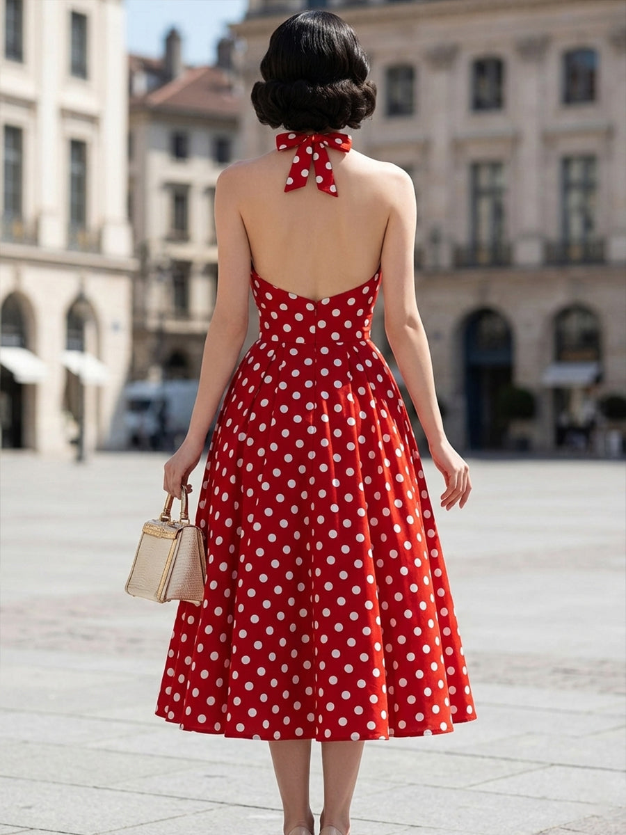 Anna-Berg | Halter V-Neck Polka Dot A-Line Midi Dress