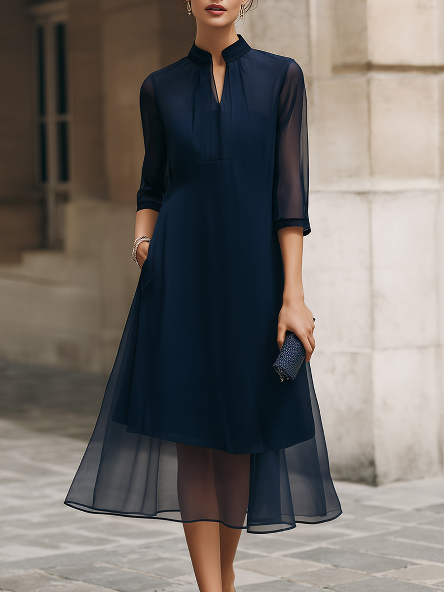 Anna-Berg | Mandarin Collar Sheer Overlay Midi Dress