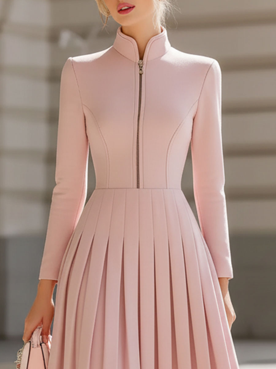 Anna-Berg | Elegant Blush Pink Pleated Midi Dress With Stand Collar