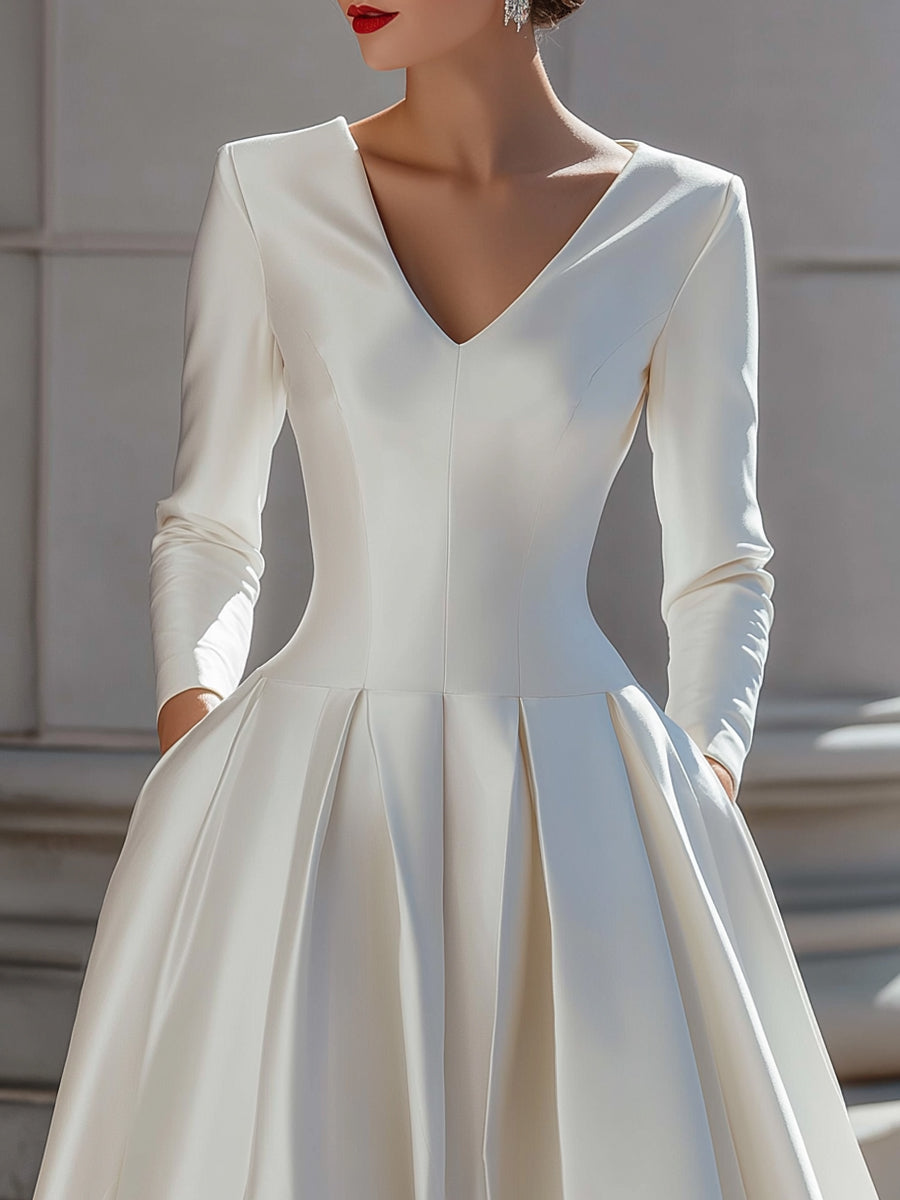 Anna-Berg | Elegant Satin V-Neck Pleated A-Line Midi Dress