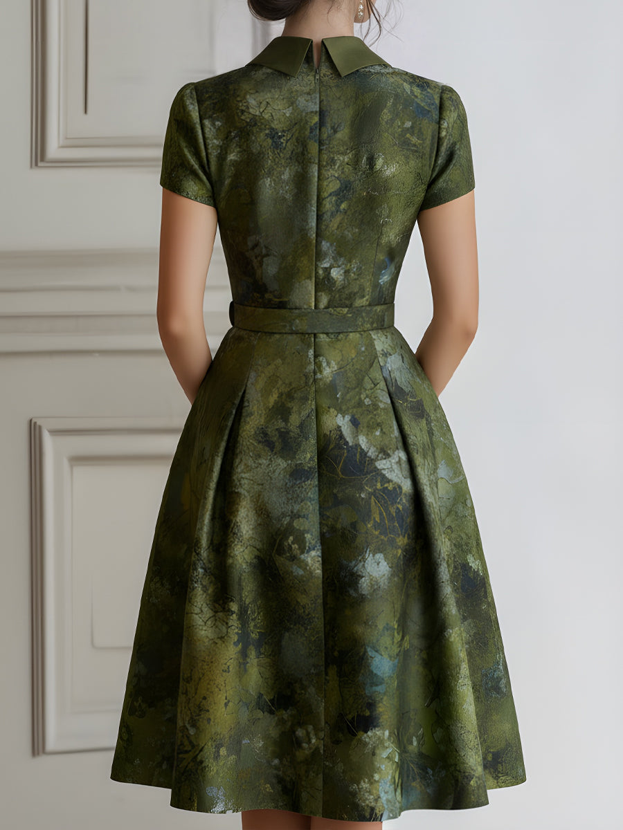 Anna-Berg | Floral Lapel Short Sleeve Midi Dress With Tailored Waist