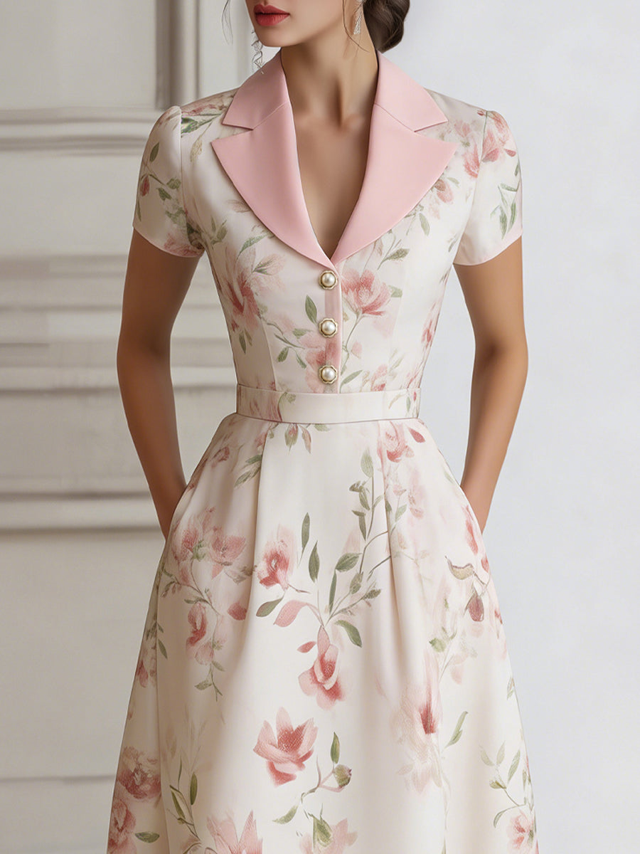 Anna-Berg | Floral Lapel Short Sleeve Midi Dress With Tailored Waist