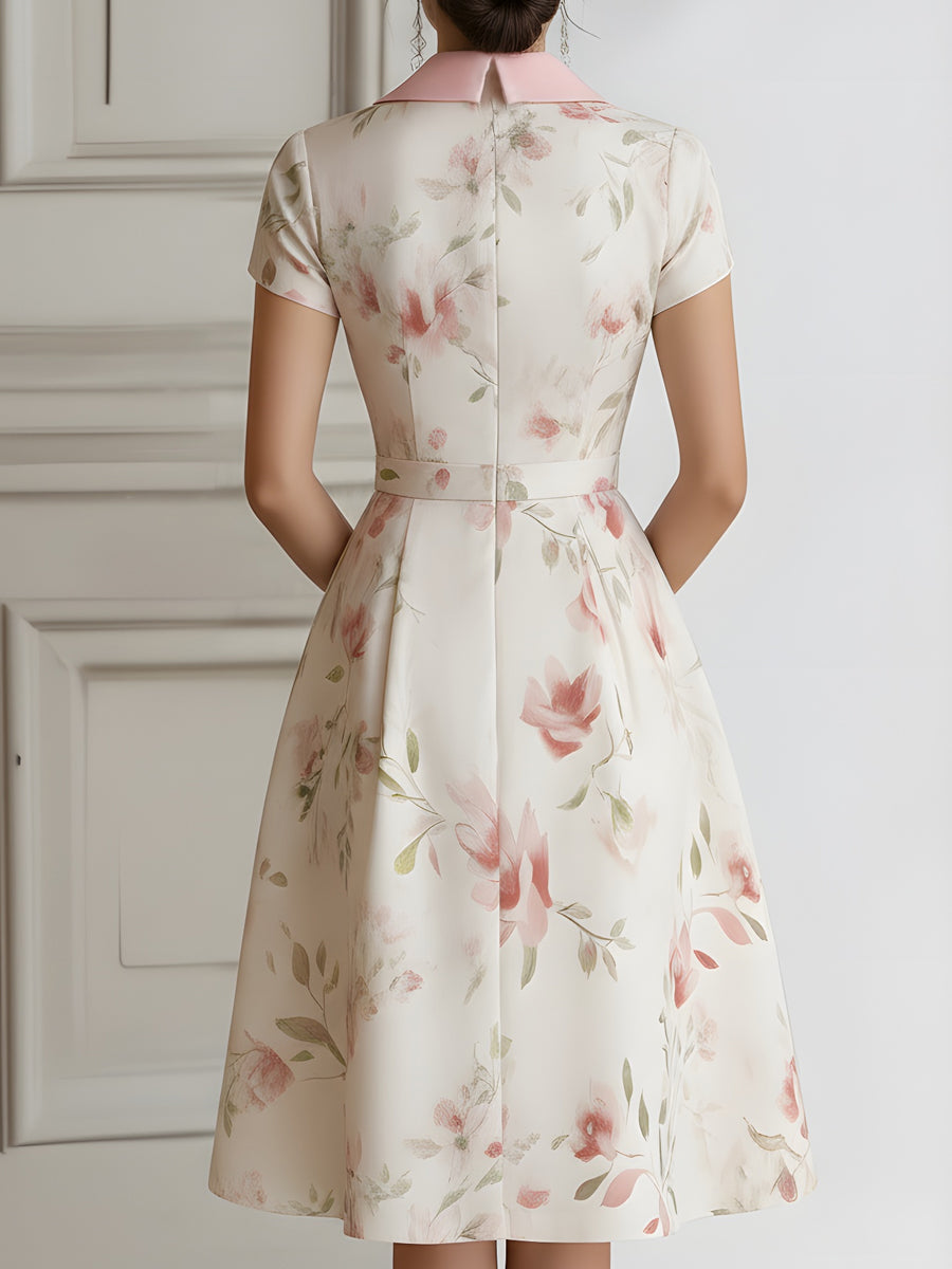 Anna-Berg | Floral Lapel Short Sleeve Midi Dress With Tailored Waist