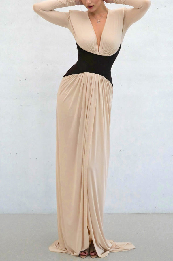 Anna-Berg | Stylish Color-Blocked V-Neck Long-Sleeved Elegant Dress
