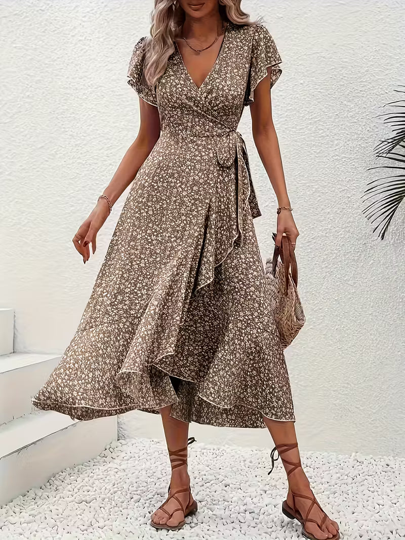 Anna-Berg | Timeless Floral Wrap Midi Dress With Ruffle Sleeves And Asymmetric Hem