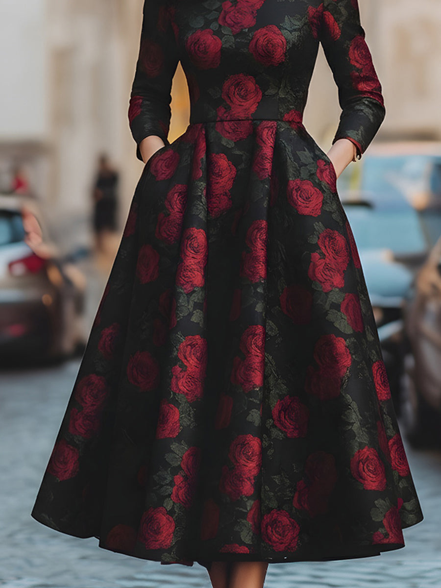 Anna-Berg | Elegant Jacquard Rose Print Midi Dress