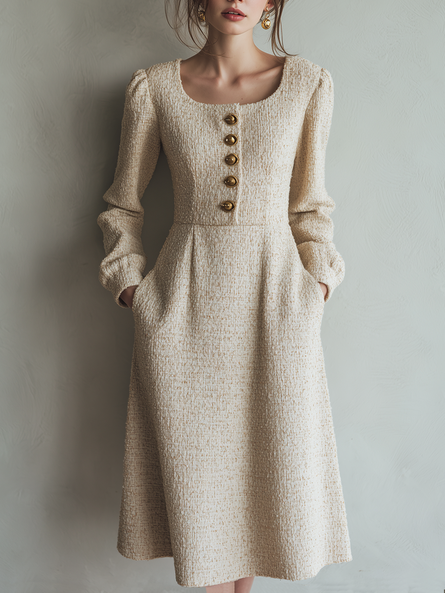 Anna-Berg | Vintage Tweed Button Long Sleeve Dress