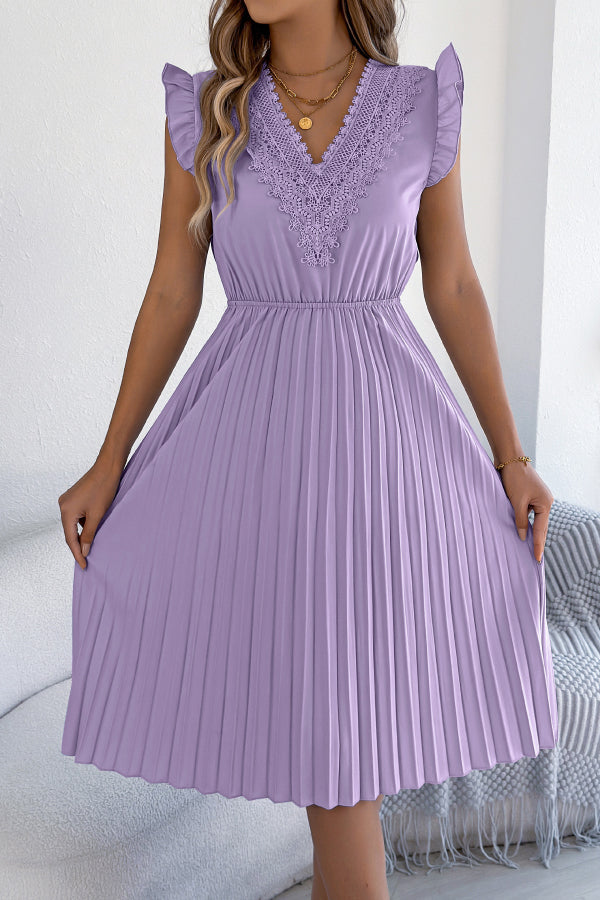 Anna-Berg | Solid Color V-Neck Lace-Trimmed Sleeveless Dress