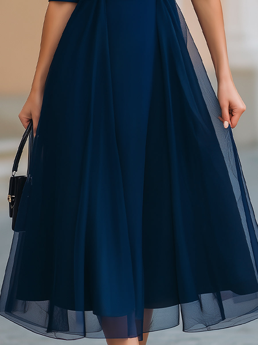 Anna-Berg | Navy Blue Sheer Overlay Fit-and-Flare Midi Dress