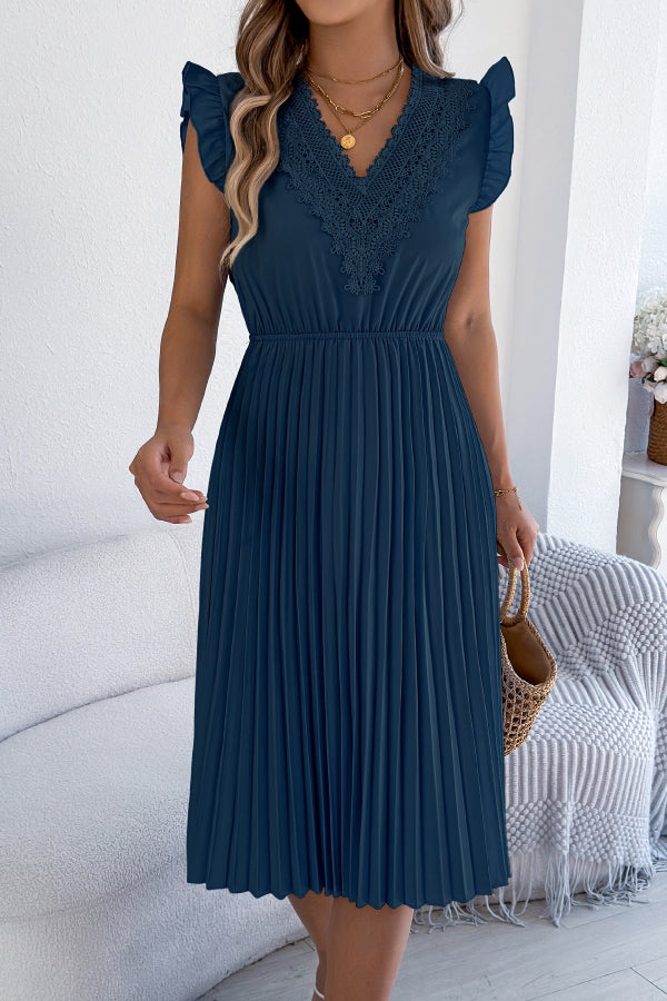 Anna-Berg | Solid Color V-Neck Lace-Trimmed Sleeveless Dress