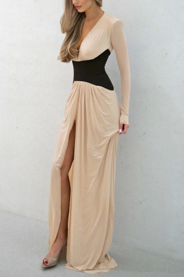 Anna-Berg | Stylish Color-Blocked V-Neck Long-Sleeved Elegant Dress