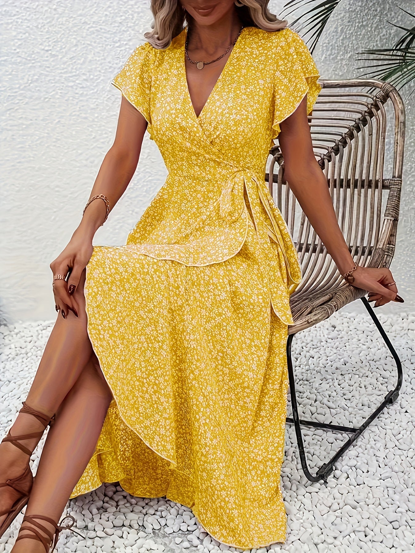 Anna-Berg | Timeless Floral Wrap Midi Dress With Ruffle Sleeves And Asymmetric Hem