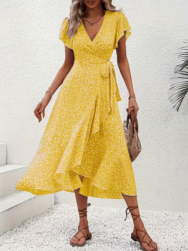 Anna-Berg | Timeless Floral Wrap Midi Dress With Ruffle Sleeves And Asymmetric Hem