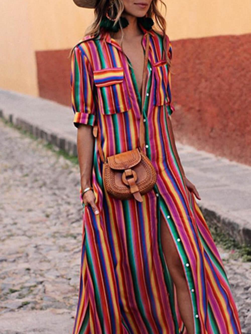Anna-Berg | Graceful Casual Striped Printed Shirt Maxi Skirt