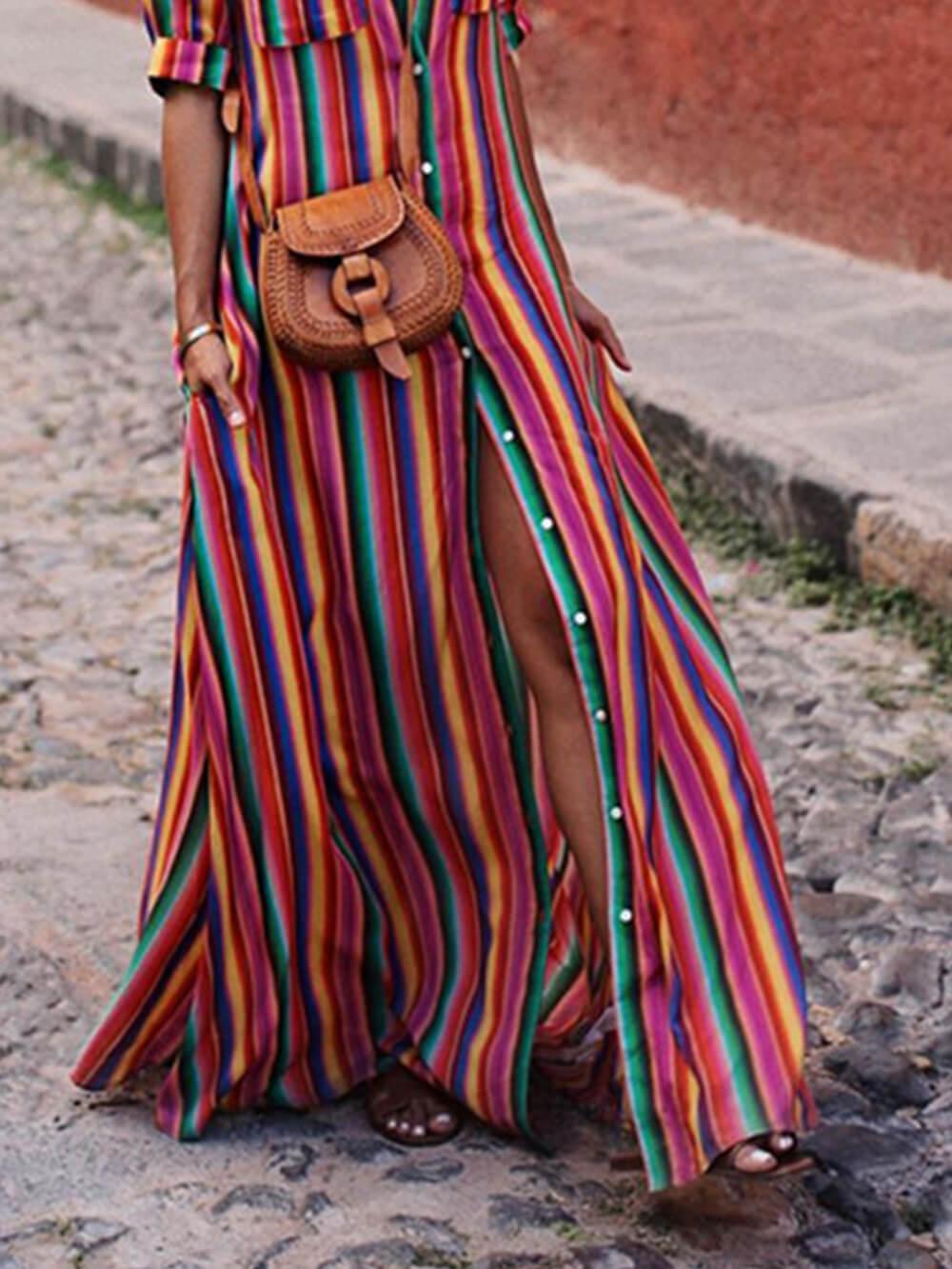 Anna-Berg | Graceful Casual Striped Printed Shirt Maxi Skirt