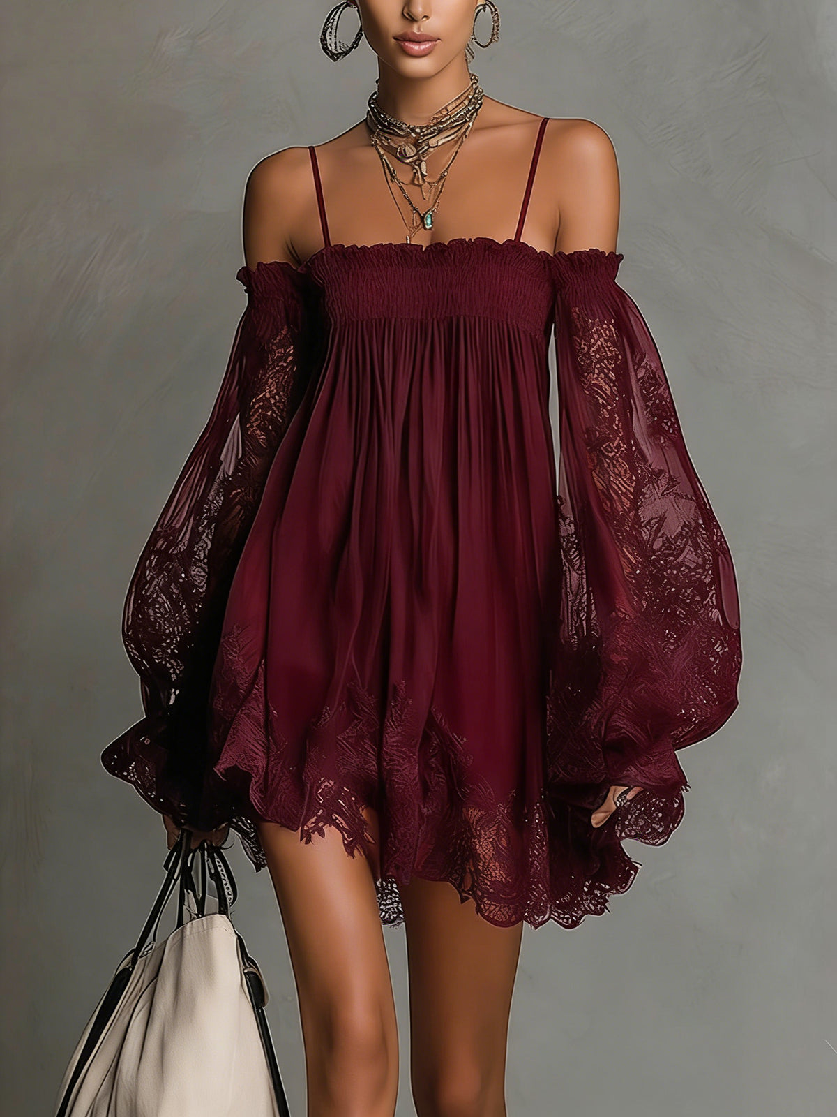 Anna-Berg | Chic Mini Dress In Navy Blue Chiffon With Off-the-shoulder Neckline, Lace Trim, And Sheer Sleeves