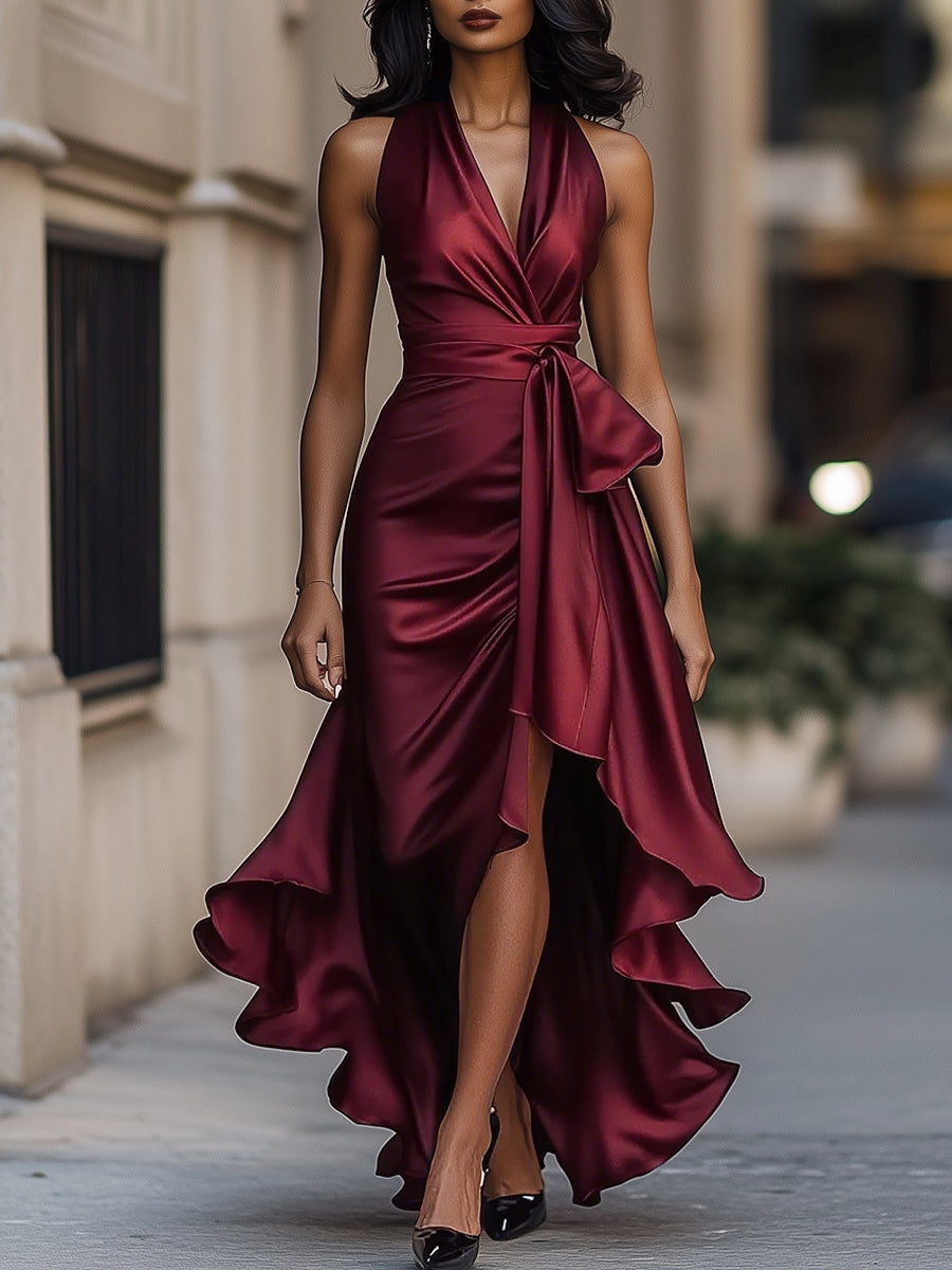 Anna-Berg | Midnight Elegance Satin Halter Ruffle Gown