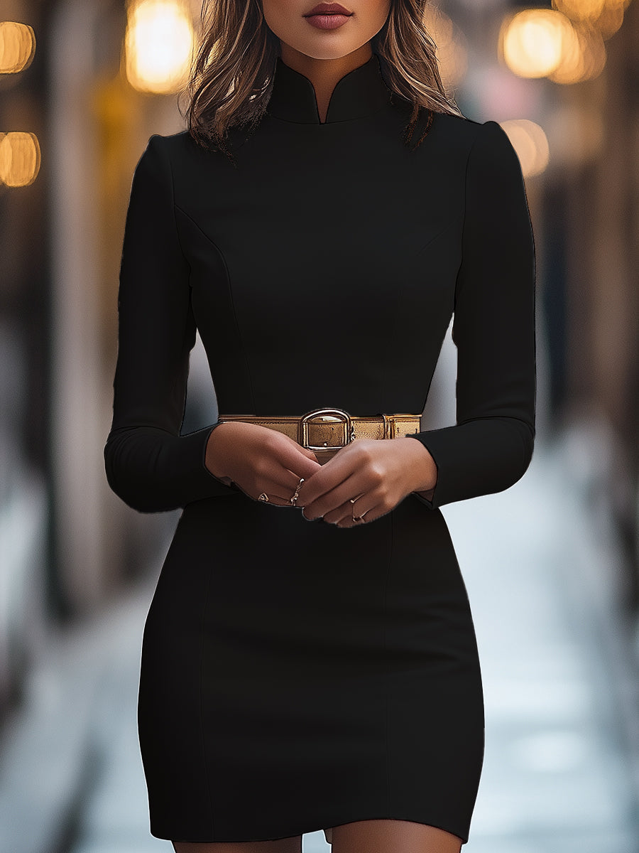 Anna-Berg | Elegant White Mandarin Collar Dress with Belt Design