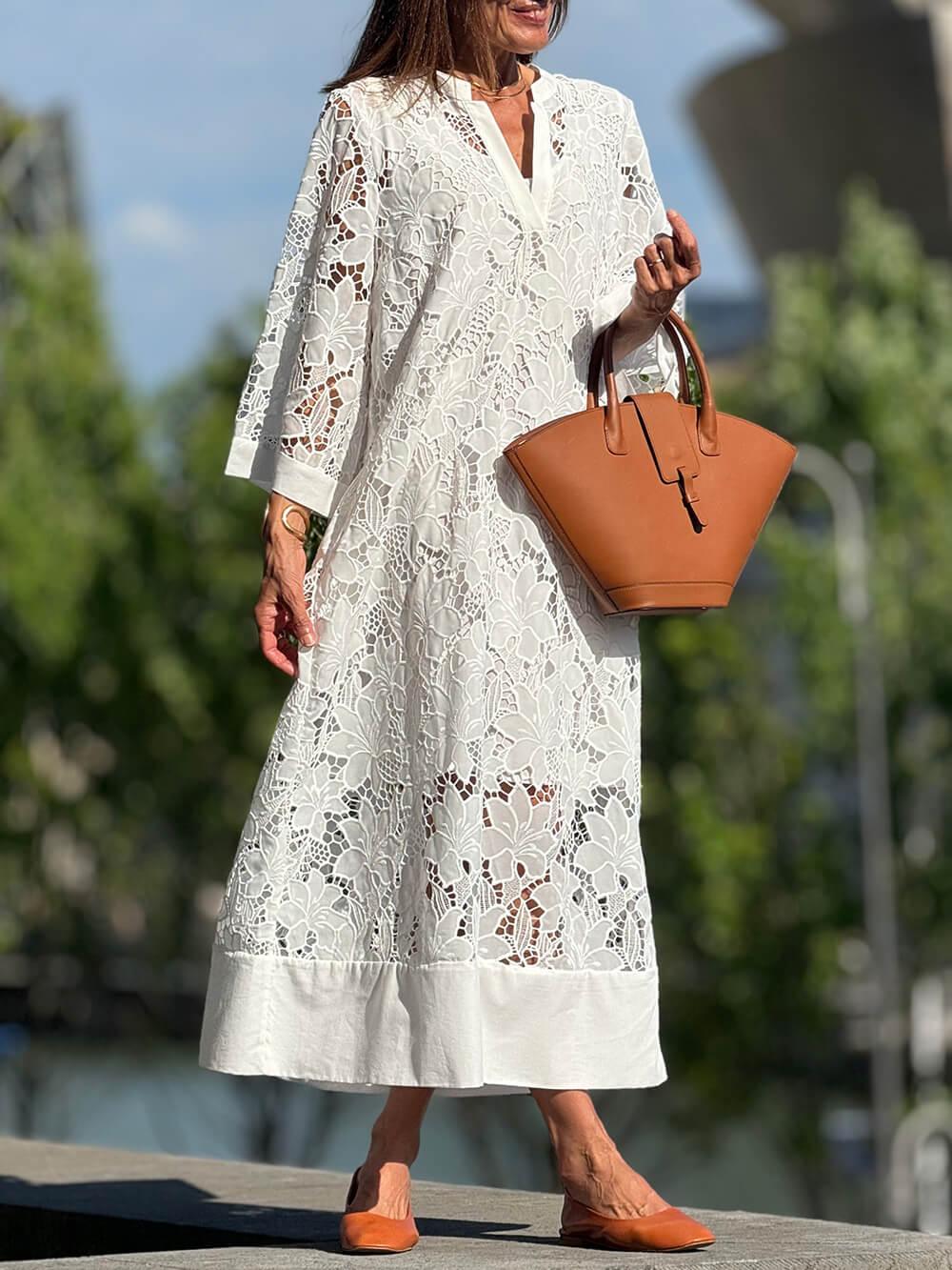 Anna-Berg | Feminine Flower V-Neck Midi Dress for a Polished Look