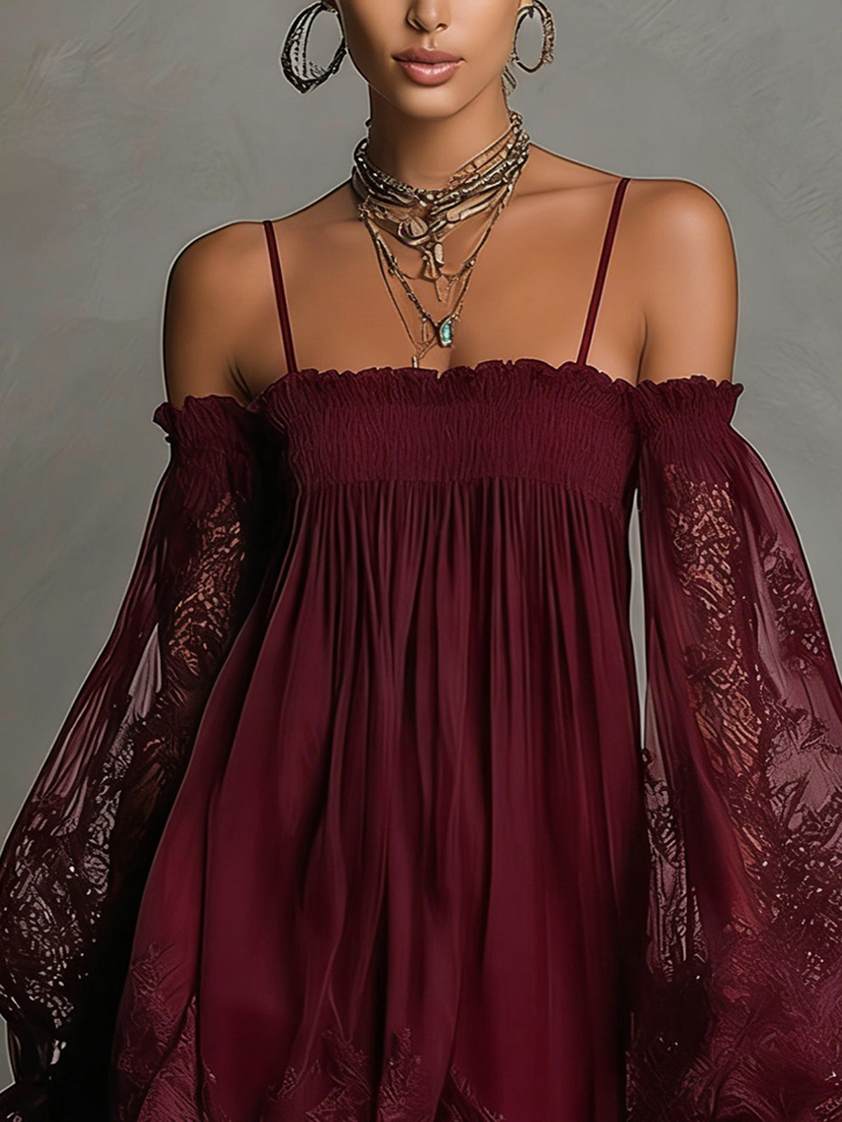 Anna-Berg | Chic Mini Dress In Navy Blue Chiffon With Off-the-shoulder Neckline, Lace Trim, And Sheer Sleeves