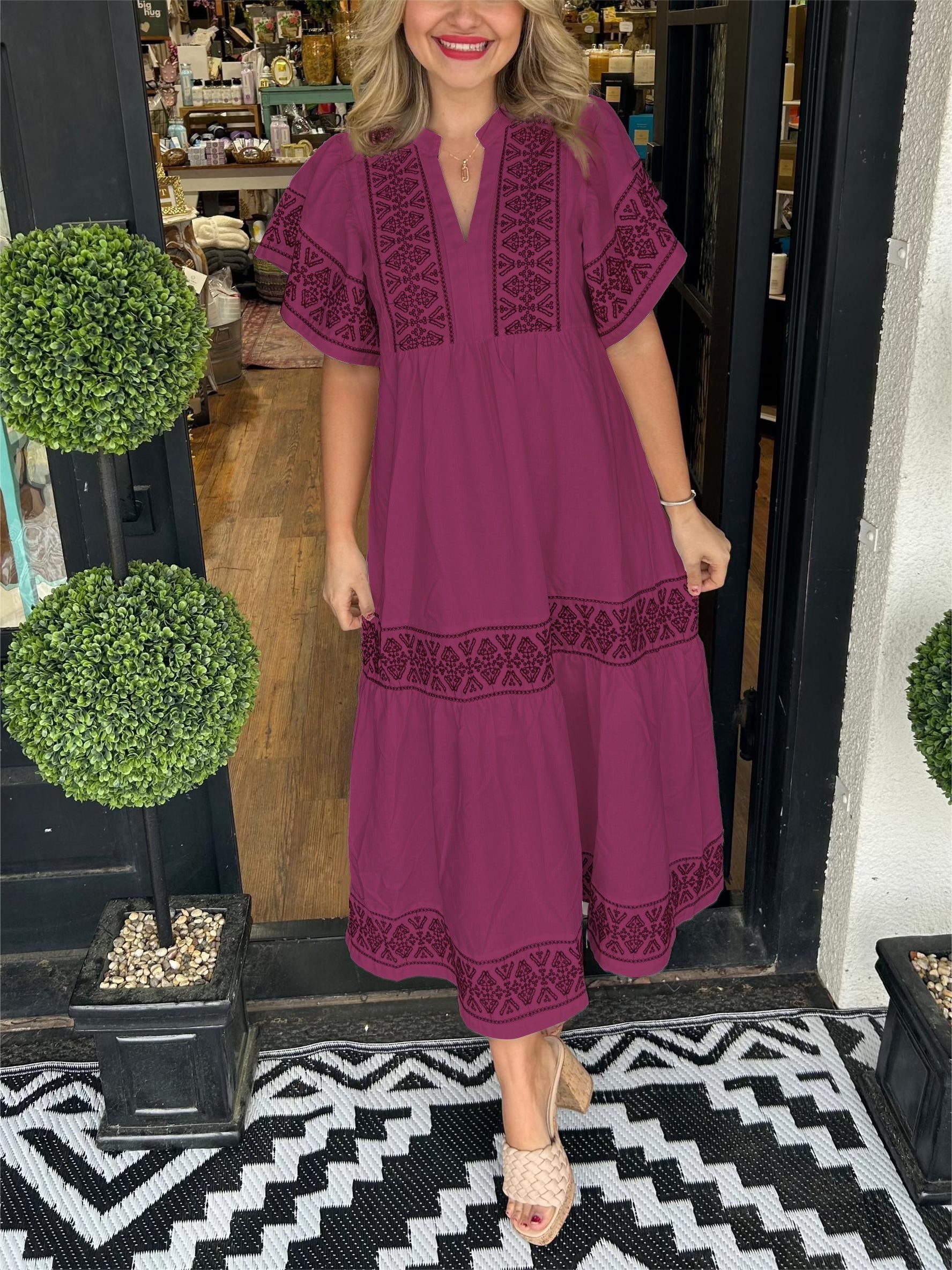 Anna-Berg | Sculpted Summer Boho V Neck Midi Dress