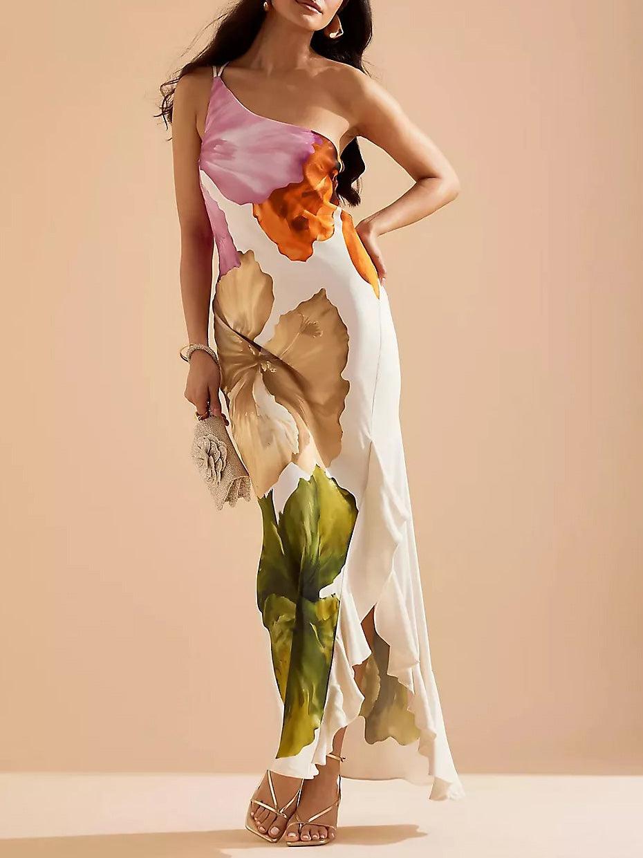 Anna-Berg | Elegant Floral Print One-shoulder Maxi Dress