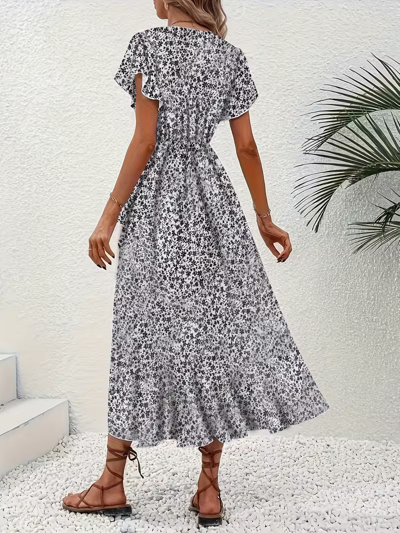 Anna-Berg | Timeless Floral Wrap Midi Dress With Ruffle Sleeves And Asymmetric Hem
