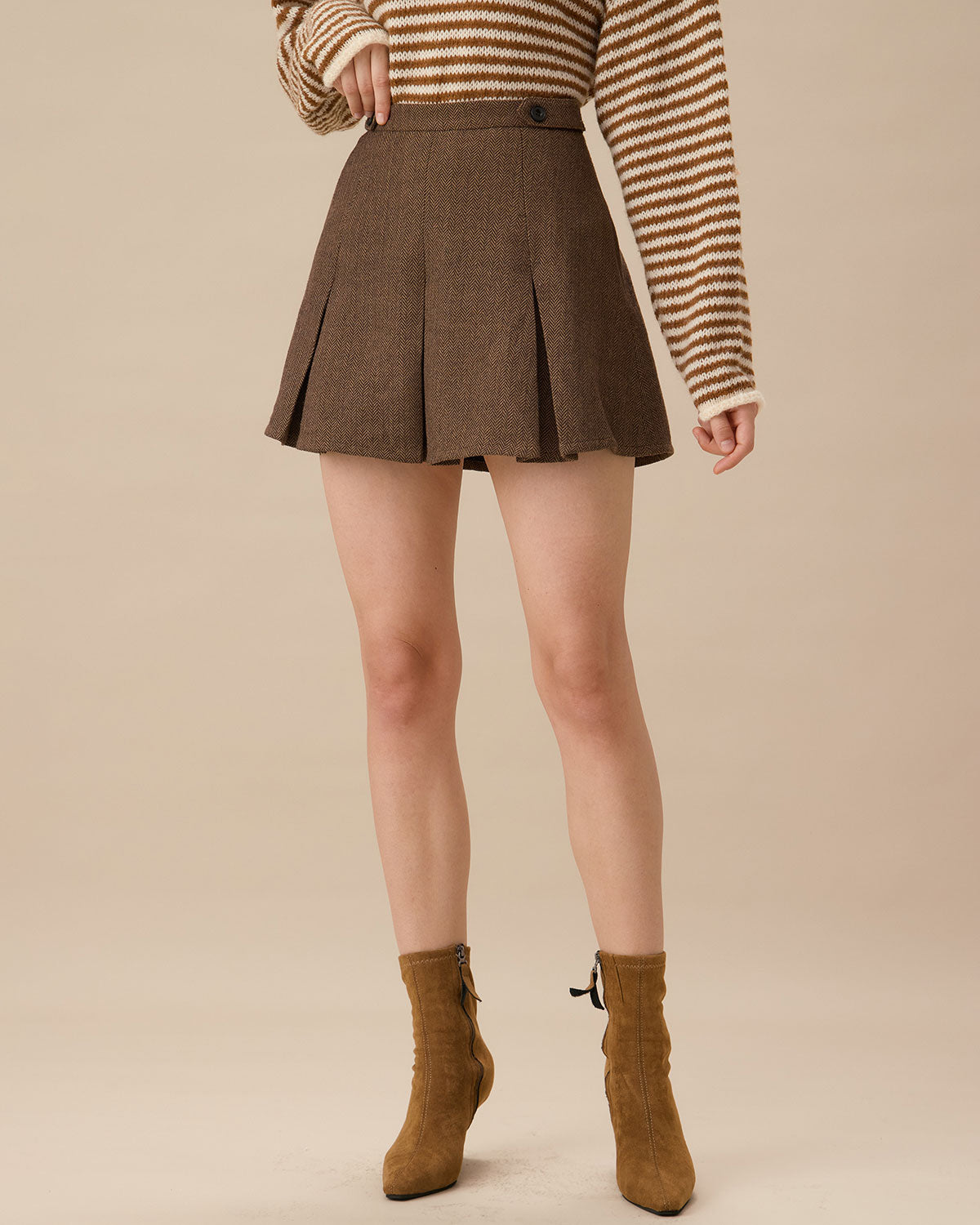 Anna-Berg | Brown Striped Pleated Mini Skirt