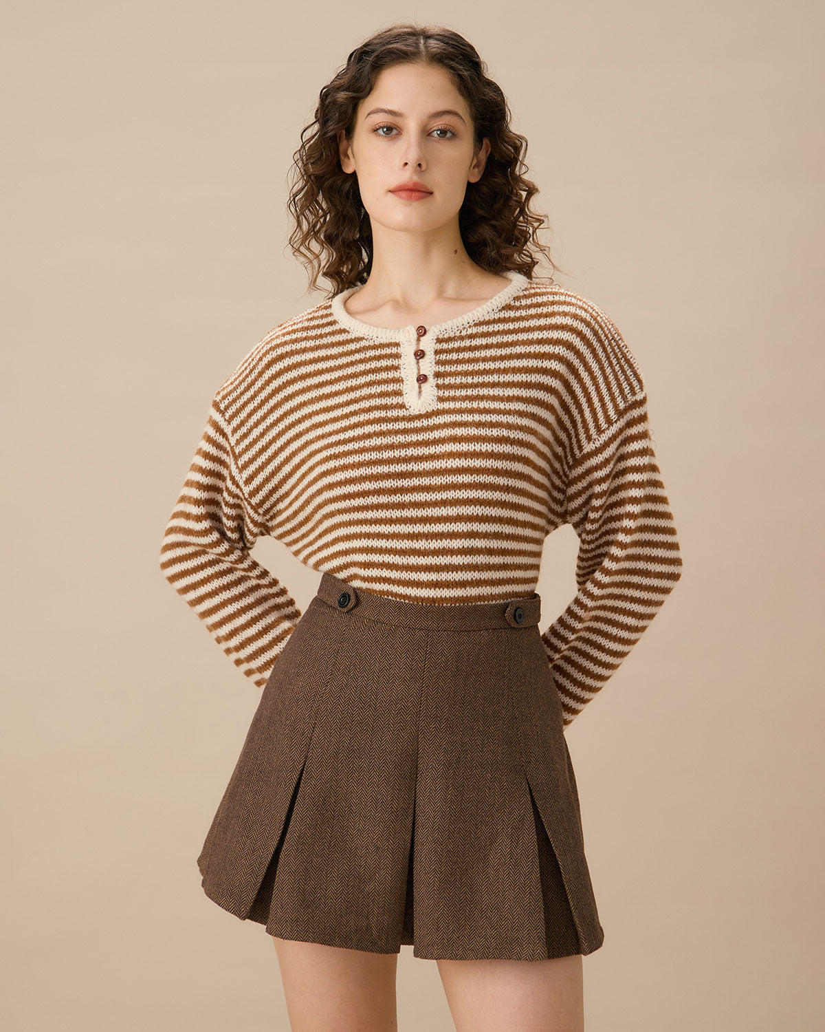 Anna-Berg | Brown Striped Pleated Mini Skirt