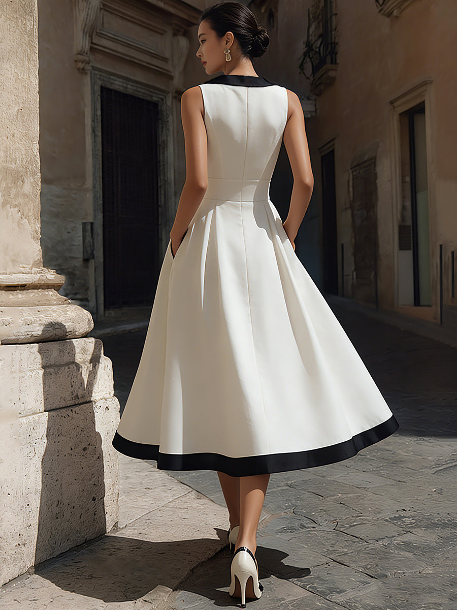 Anna-Berg | Elegant V-Neck A-Line Midi Dress With Contrast Trim And Pockets