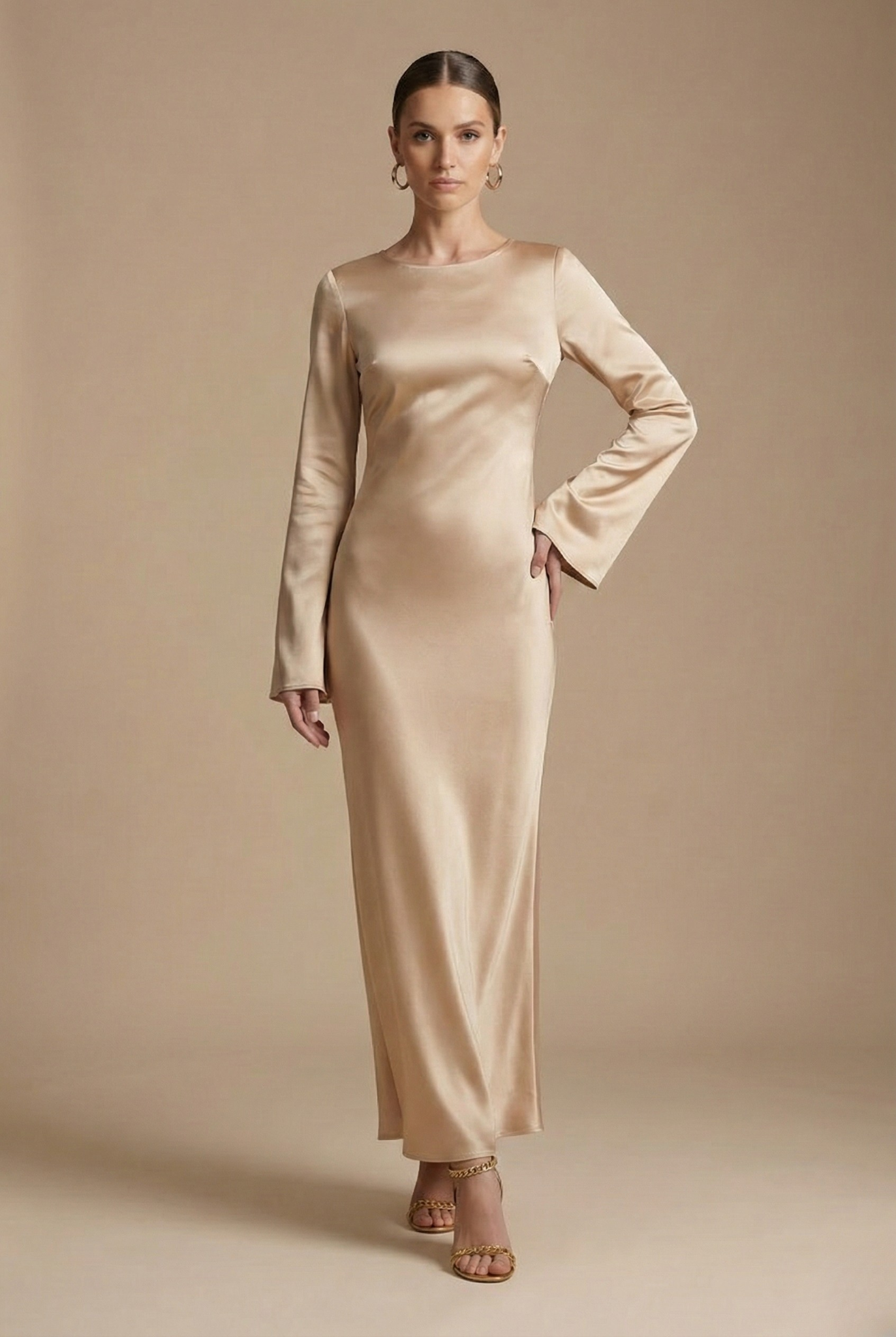 Anna-Berg | Flowing Maxi Dress - Boat Neck - Flared Sleeve - Tie Back