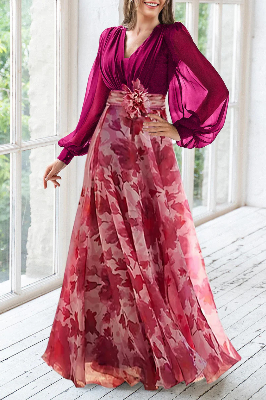 Anna-Berg | V Neck Balloon Sleeve Floral Dress