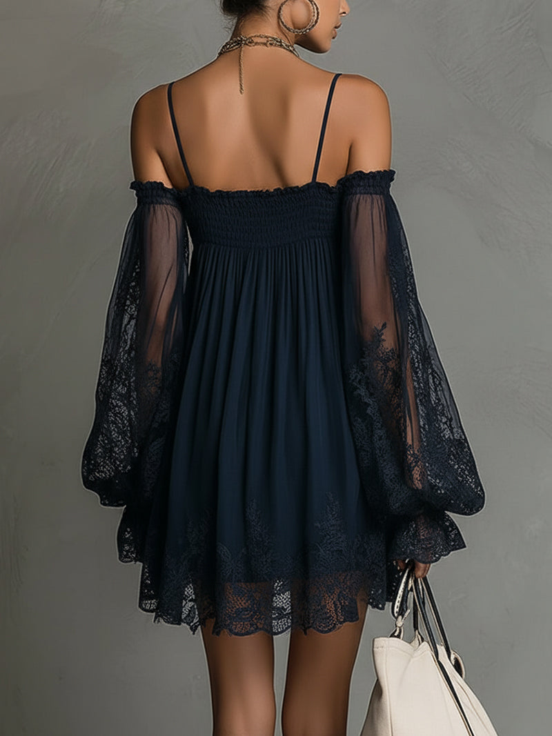Anna-Berg | Chic Mini Dress In Navy Blue Chiffon With Off-the-shoulder Neckline, Lace Trim, And Sheer Sleeves