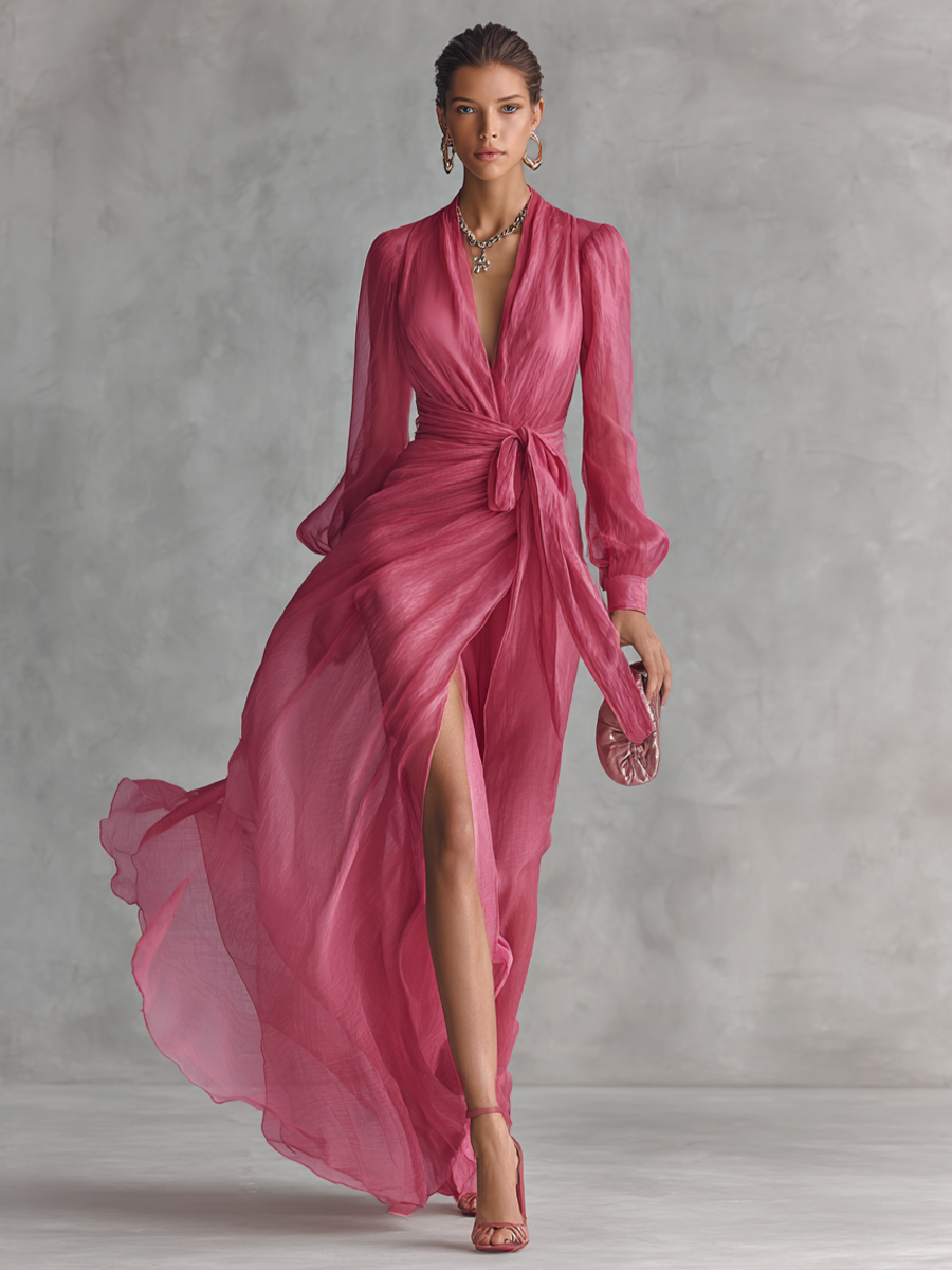 Anna-Berg | Chic Pink Pearl Chiffon Maxi Dress for Effortless Elegance