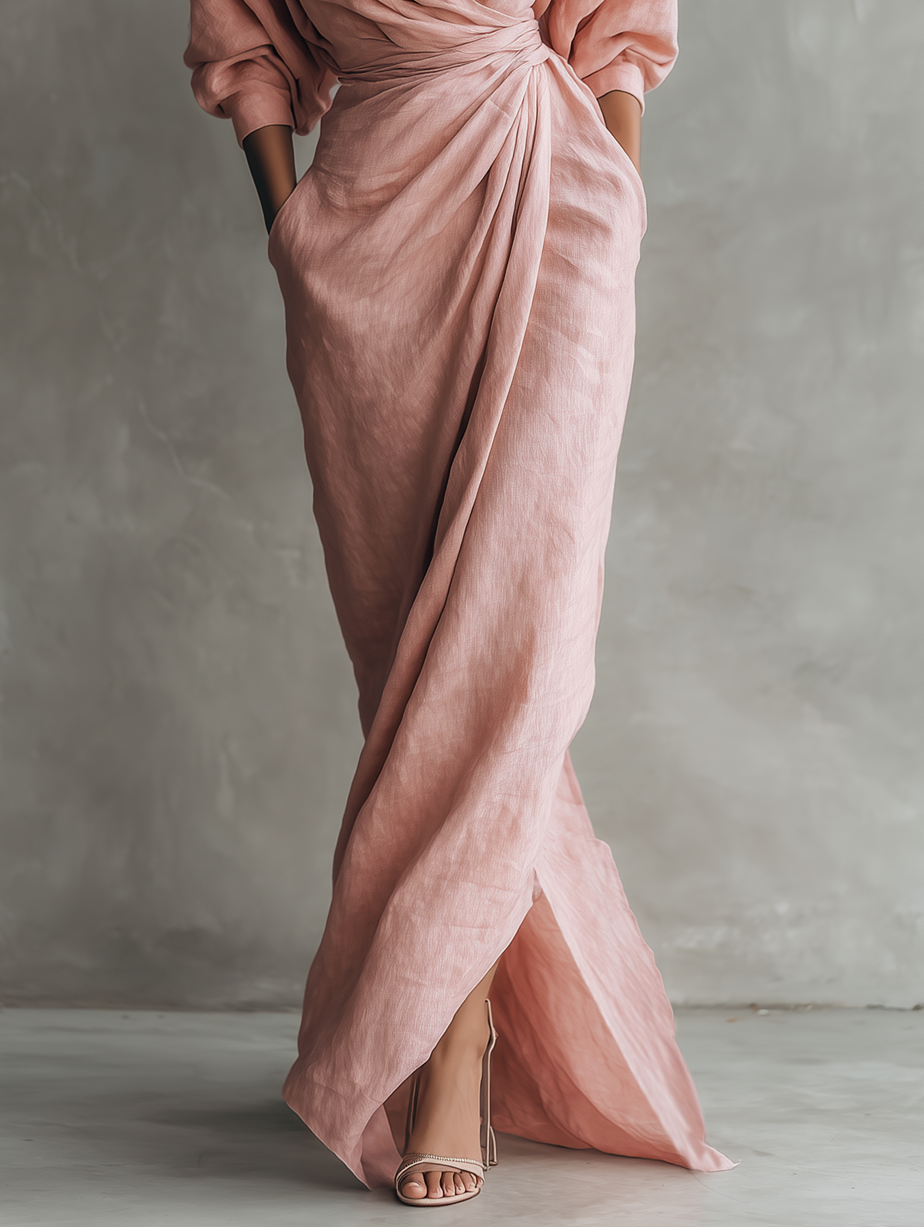 Anna-Berg | Pink Minimalist V-Neck Linen Blend Dress