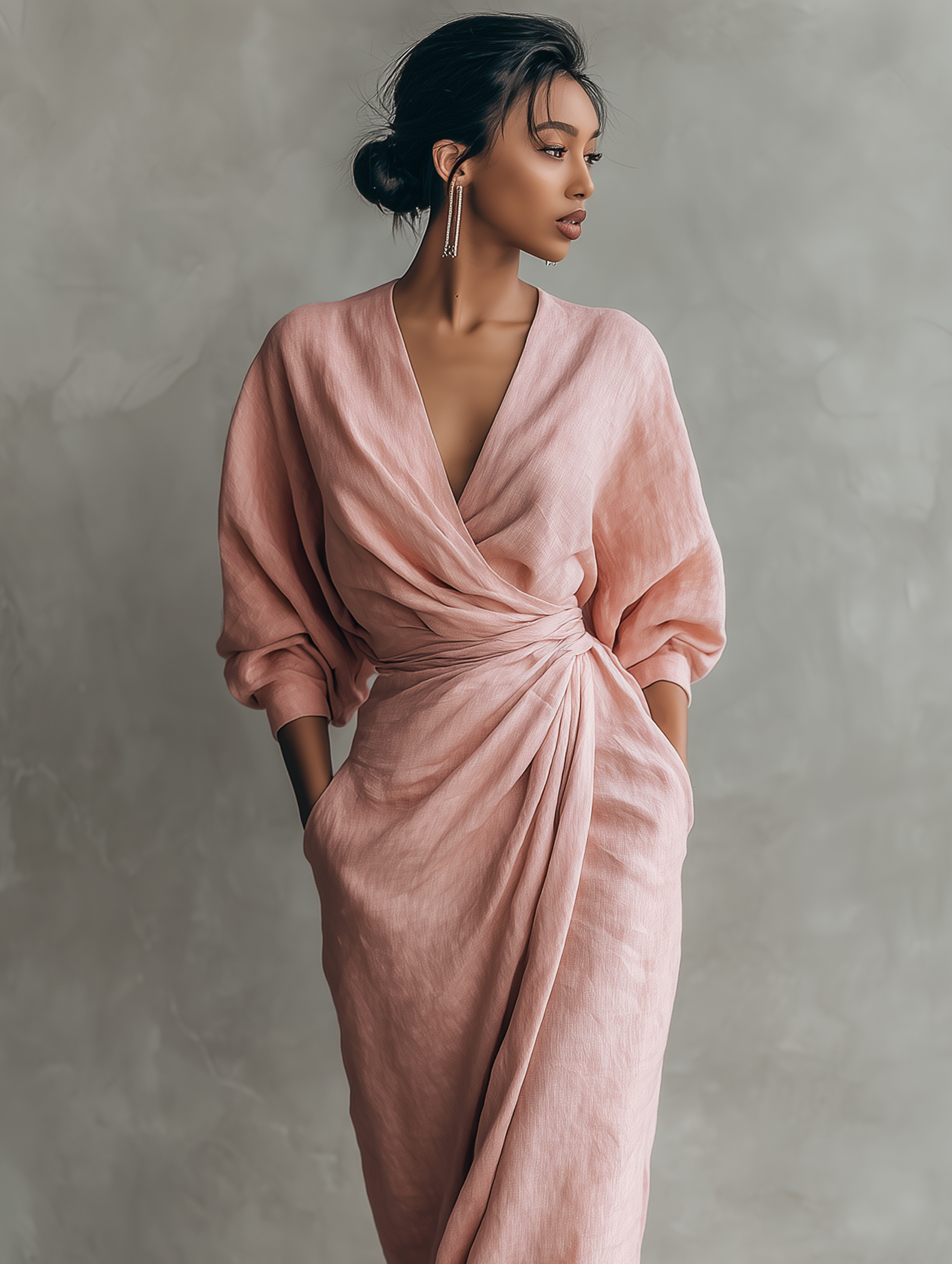 Anna-Berg | Pink Minimalist V-Neck Linen Blend Dress