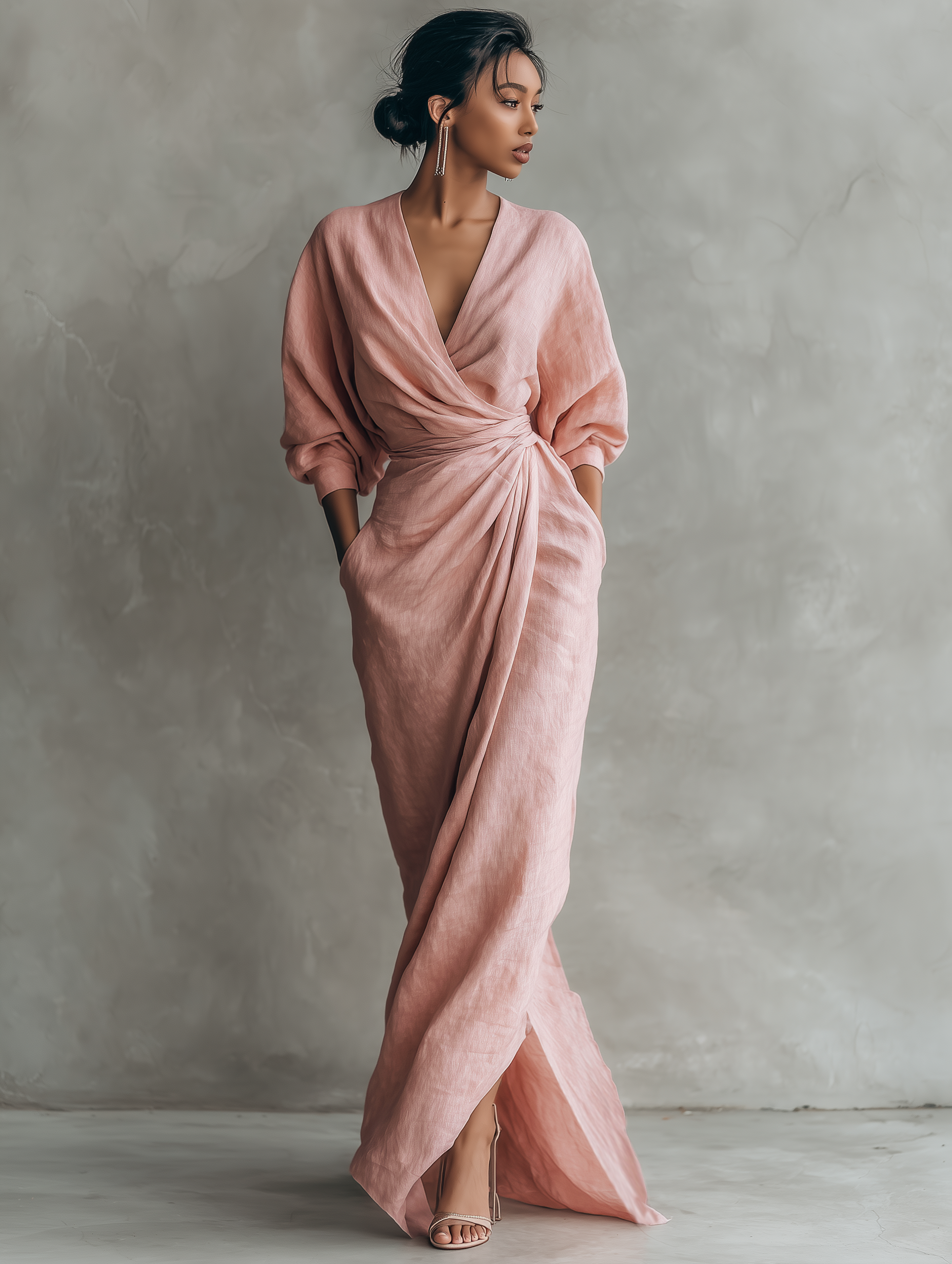 Anna-Berg | Pink Minimalist V-Neck Linen Blend Dress