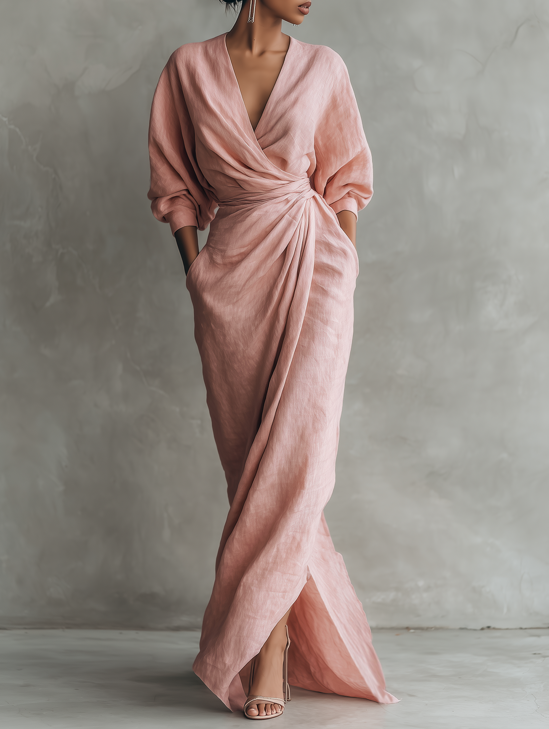 Anna-Berg | Pink Minimalist V-Neck Linen Blend Dress