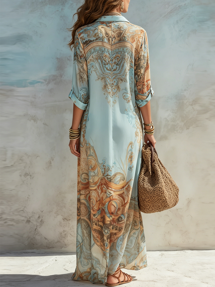 Anna-Berg | Timeless Blue Baroque Floral Chiffon Maxi Dress