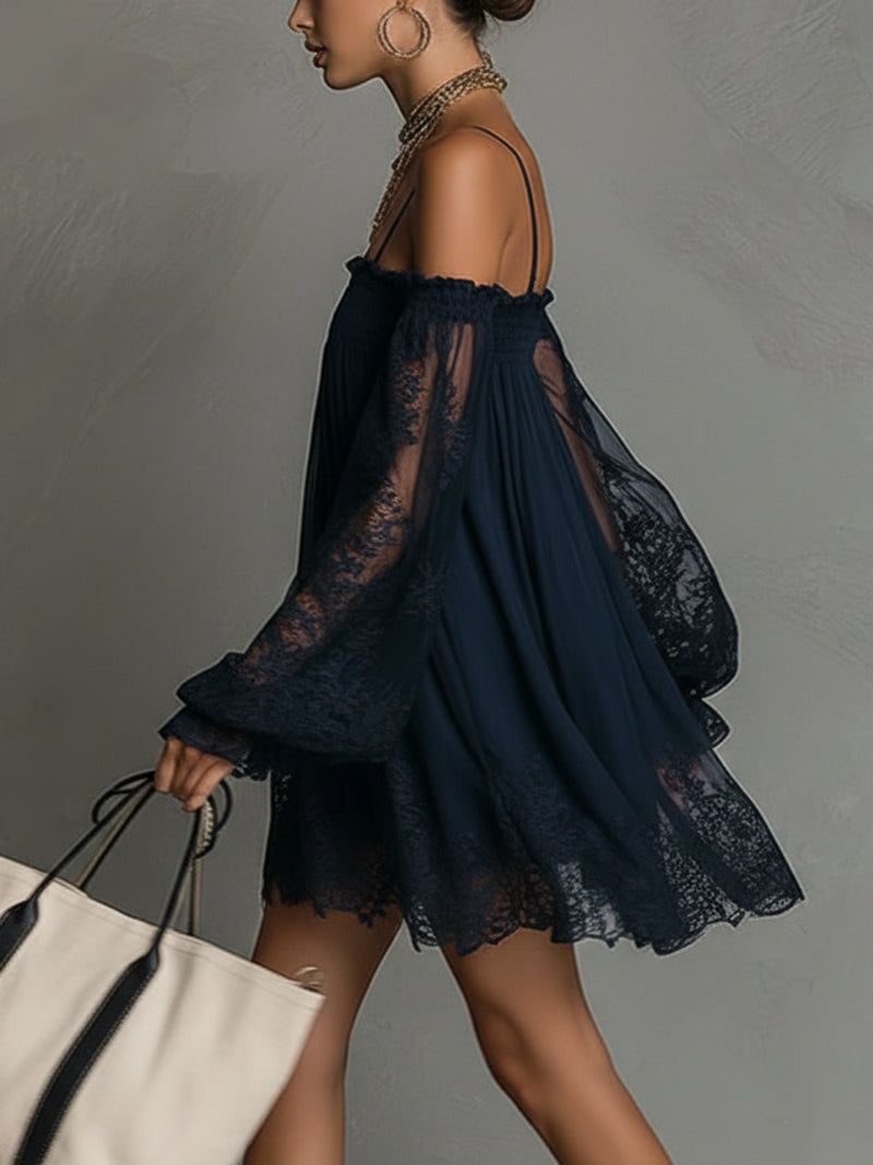 Anna-Berg | Chic Mini Dress In Navy Blue Chiffon With Off-the-shoulder Neckline, Lace Trim, And Sheer Sleeves