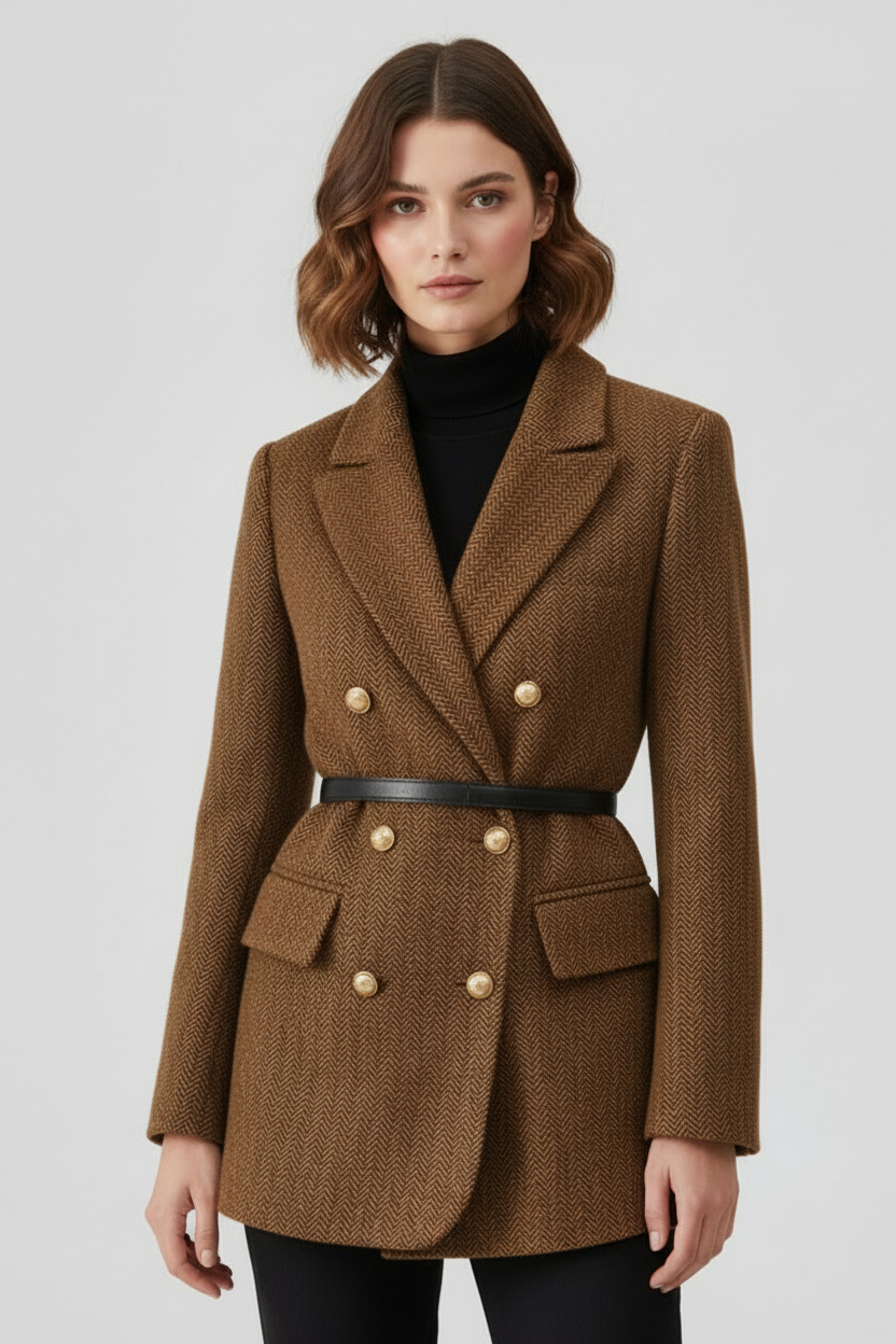 Anna-Berg | Tweed Blazer Coat - Double-Breasted, Belted, Peak Lapel