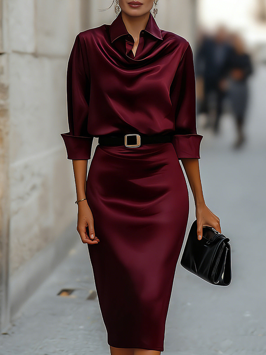 Anna-Berg | Elegant Satin Draped-Collar Midi Dress With Black Belt