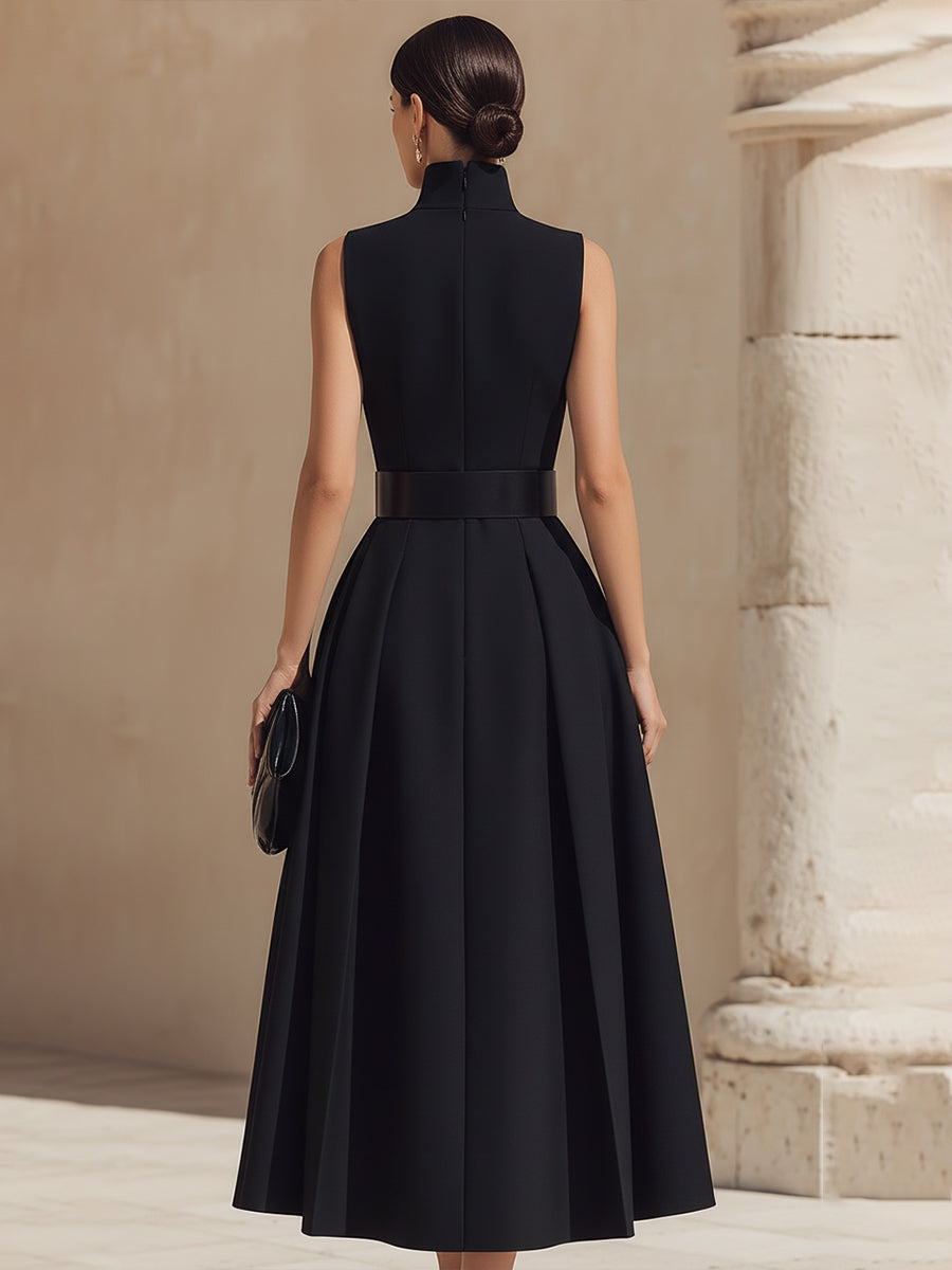 Anna-Berg | Belted High-Neck Pleated Sleeveless Dress