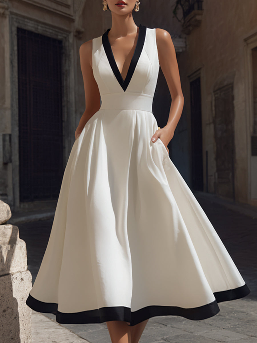 Anna-Berg | Elegant V-Neck A-Line Midi Dress With Contrast Trim And Pockets