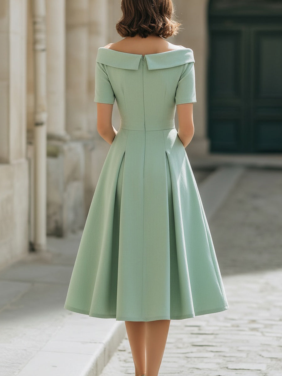Anna-Berg | Mint Green Off-Shoulder Short Sleeve Fit-and-Flare Midi Dress With Pockets