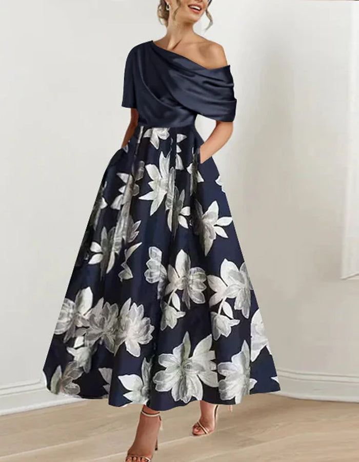 Anna-Berg | White Satin Off-Shoulder Bodycon Printed Dress