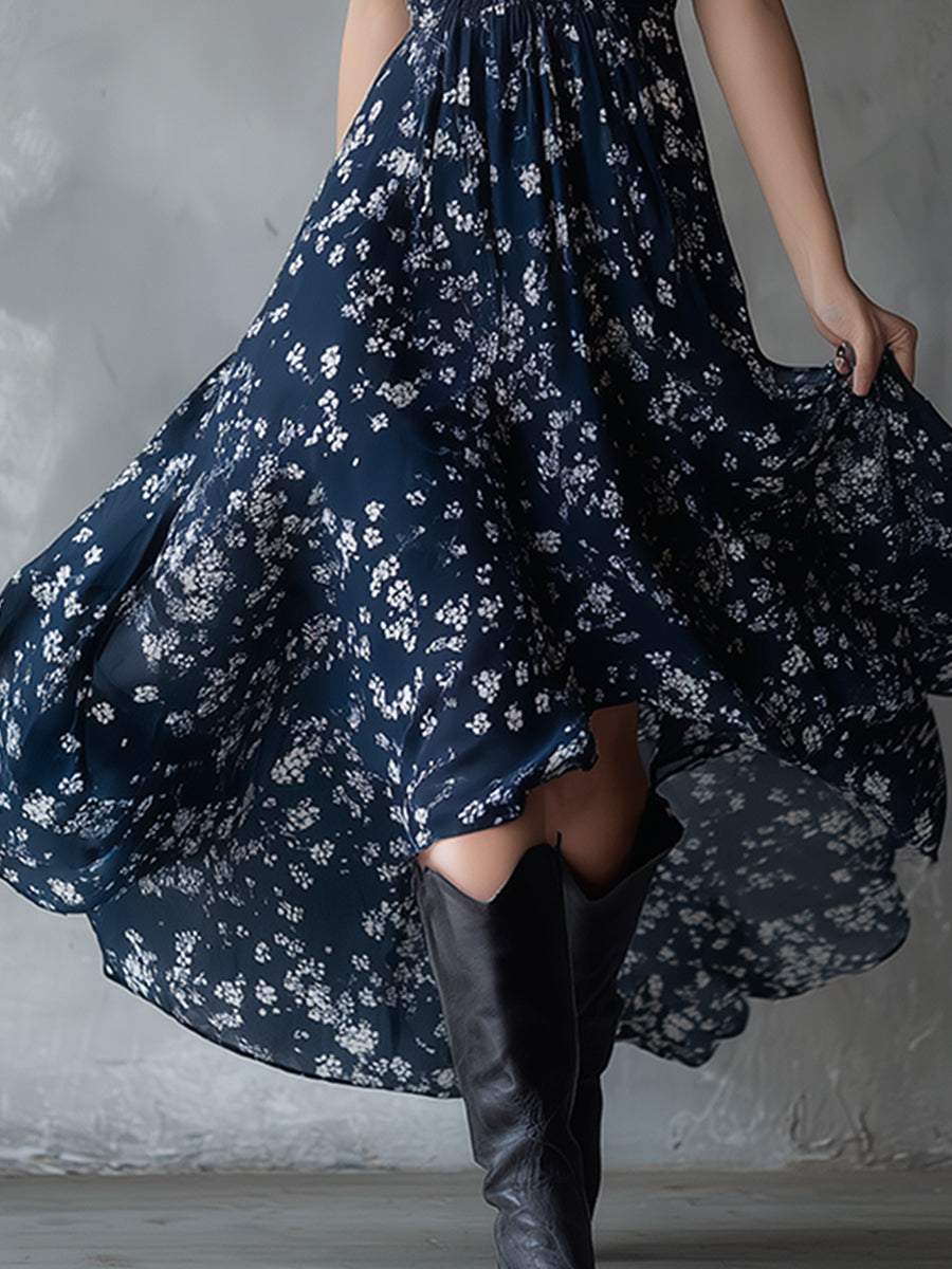 Anna-Berg | Navy Blue Chiffon Floral Dress