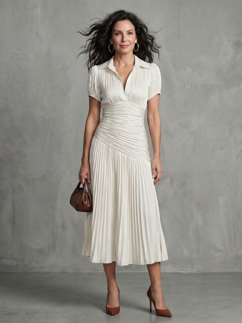 Anna-Berg | Flowing Pleated Waistline Stripe Midi Dress